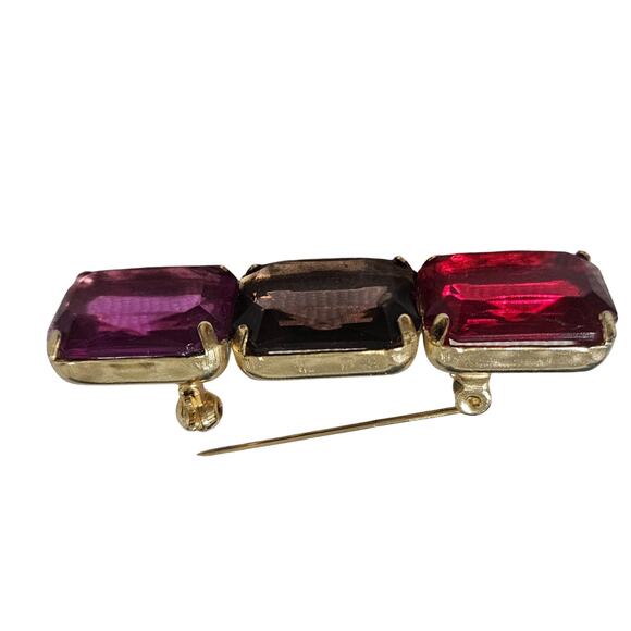1980s Mod Red Purple Pink Brooch Geometric Rectangle Gold Trim C Clasp Closure - Picture 3 of 8